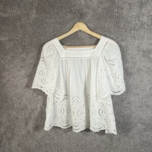 Madewell Womens XS White Square Neck Top Embroidered Flutter Sleeve Blouse